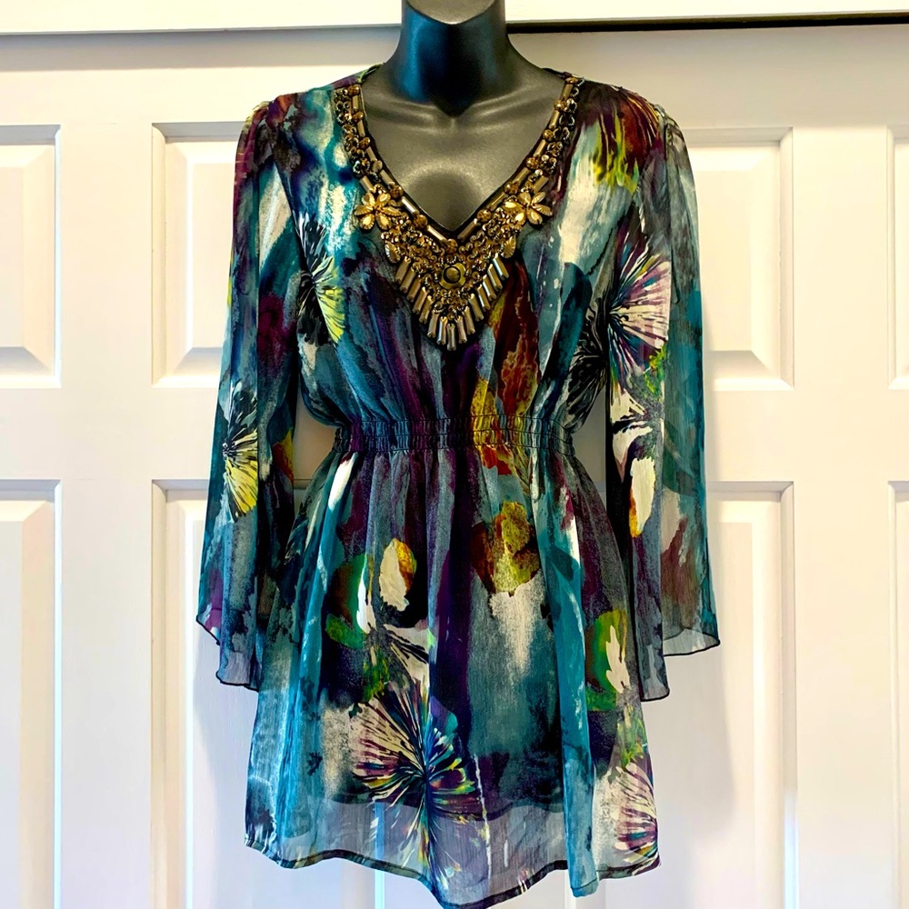 Harlow Zee sheer embellished abstract print blouse, size Medium